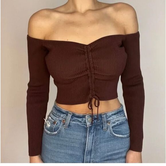 Zara Tops - Zara Chocolate Brown Ribbed Off The Shoulder Top Size L